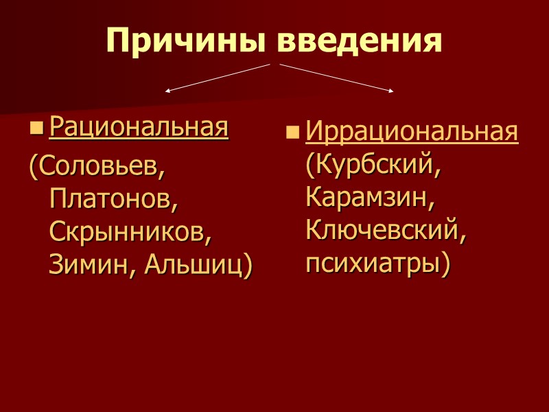 Причины введения Рациональная (Соловьев, Платонов, Скрынников, Зимин, Альшиц) Иррациональная (Курбский, Карамзин, Ключевский, психиатры)